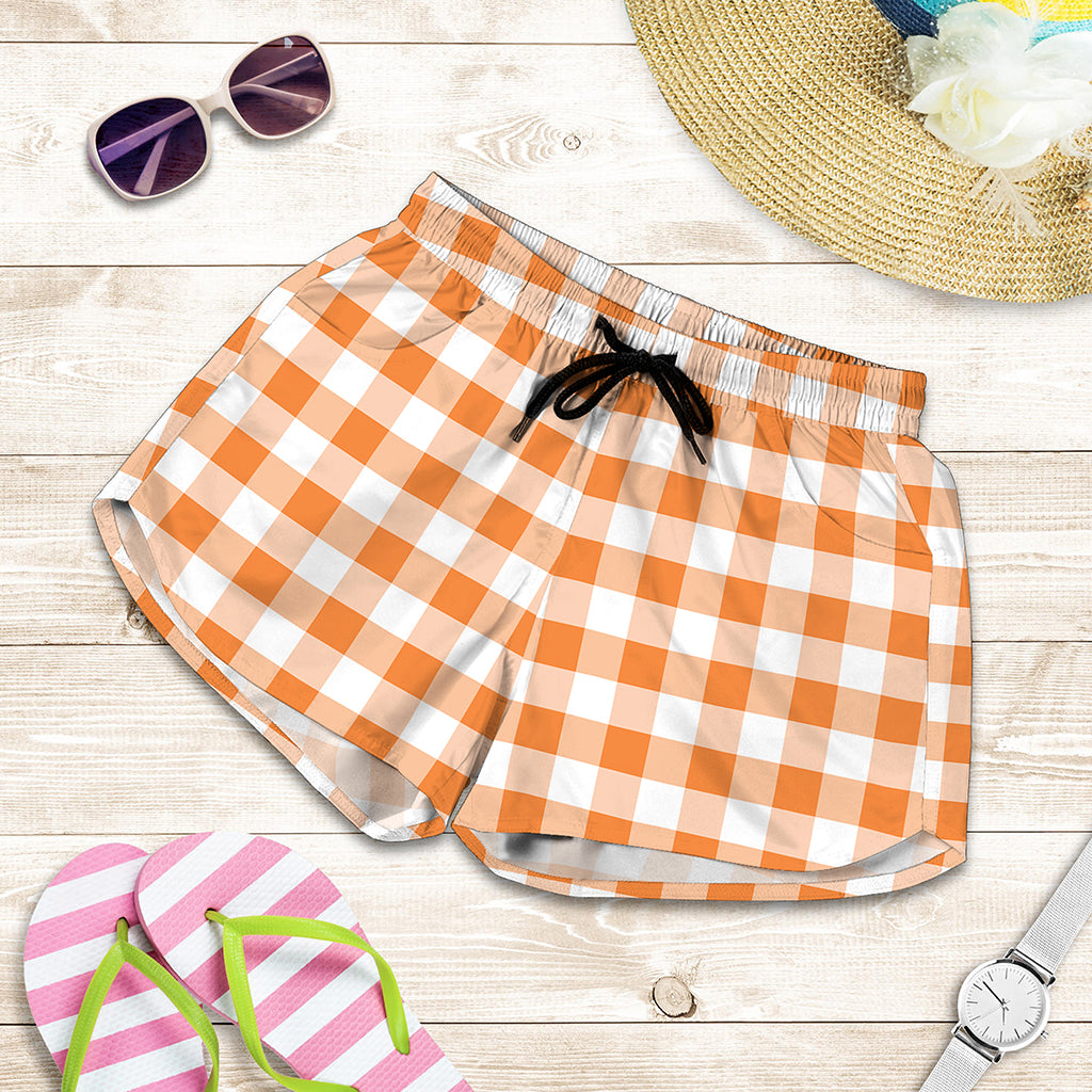 Orange And White Gingham Pattern Print Women's Shorts