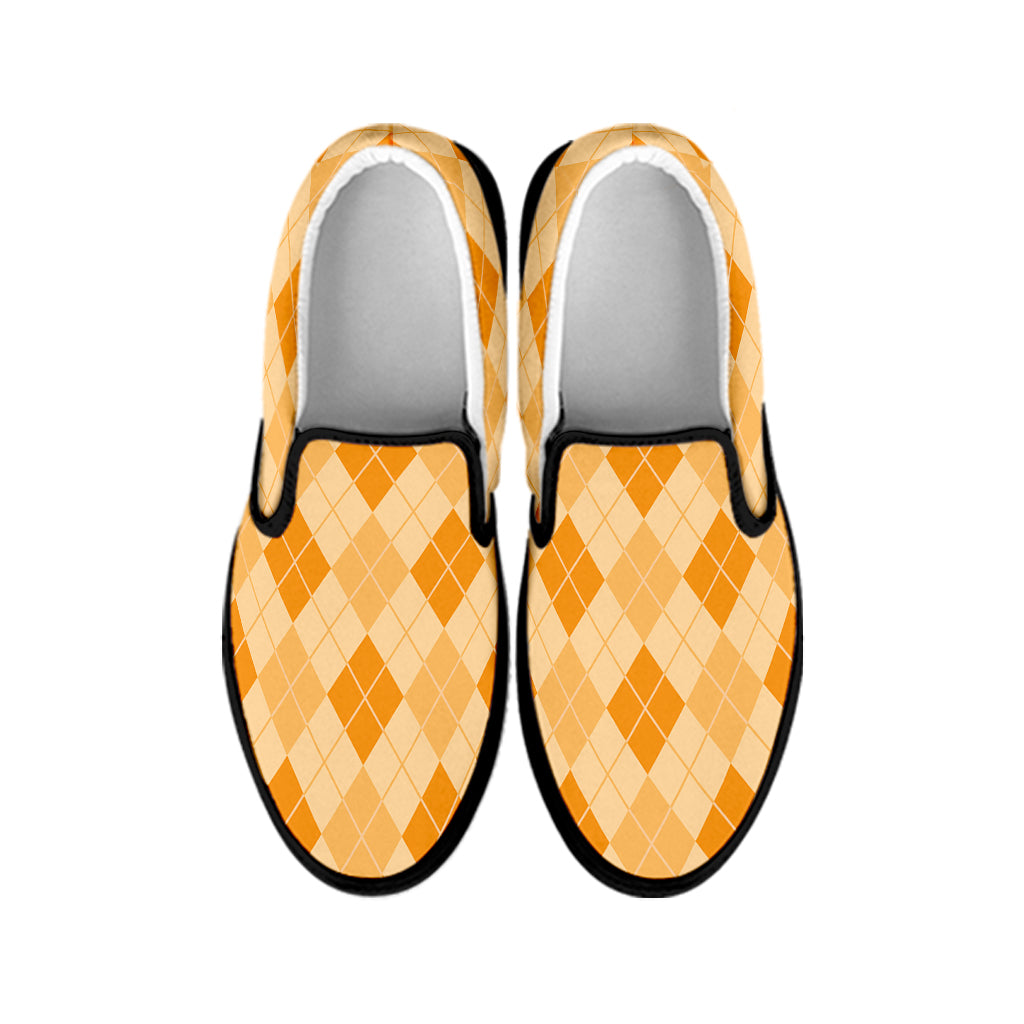 Orange Argyle Pattern Print Black Slip On Shoes