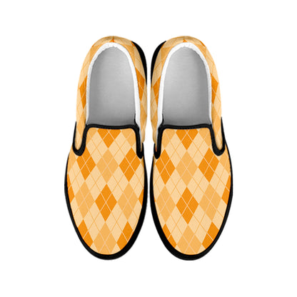 Orange Argyle Pattern Print Black Slip On Shoes
