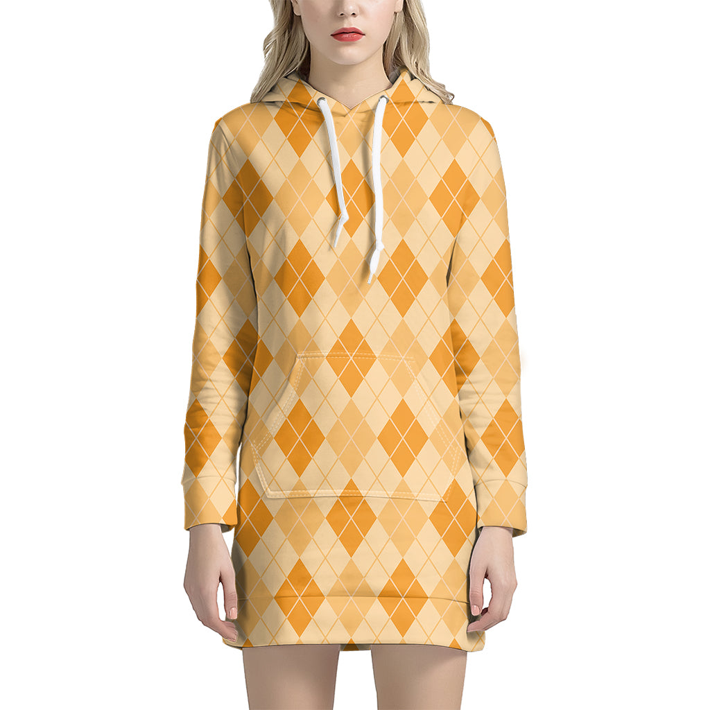 Orange Argyle Pattern Print Hoodie Dress