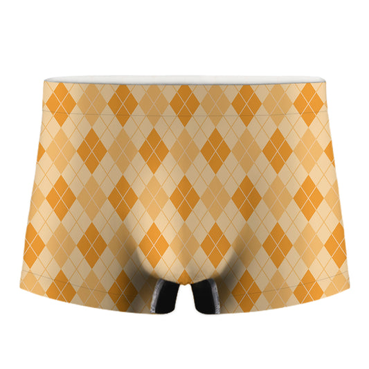 Orange Argyle Pattern Print Men's Boxer Briefs