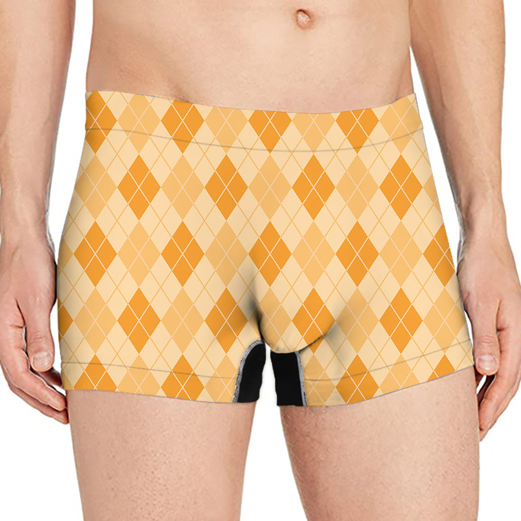 Orange Argyle Pattern Print Men's Boxer Briefs