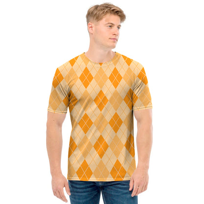 Orange Argyle Pattern Print Men's T-Shirt