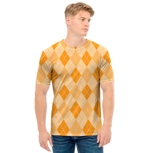 Orange Argyle Pattern Print Men's T-Shirt