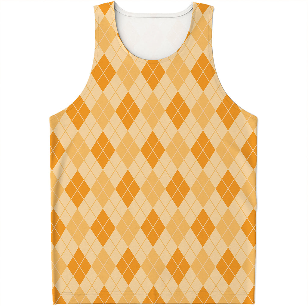 Orange Argyle Pattern Print Men's Tank Top