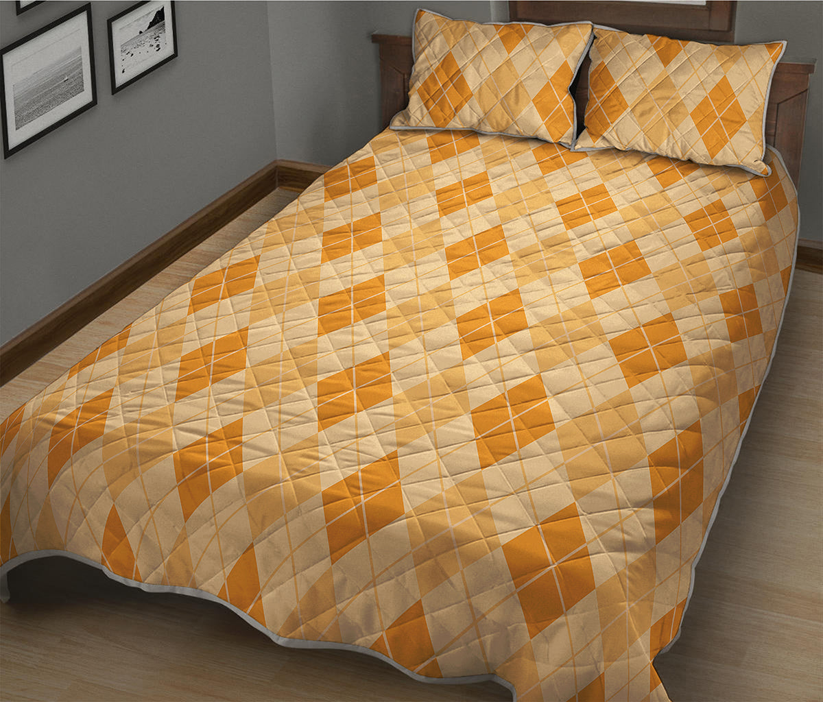 Orange Argyle Pattern Print Quilt Bed Set