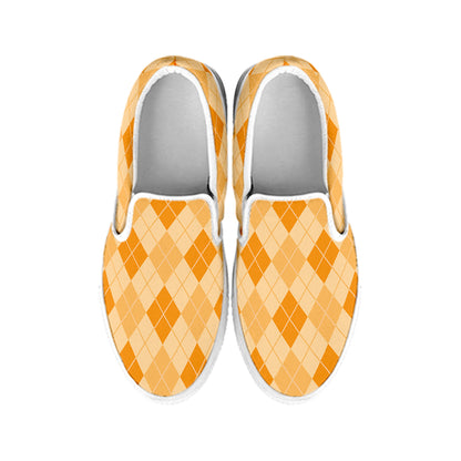 Orange Argyle Pattern Print White Slip On Shoes