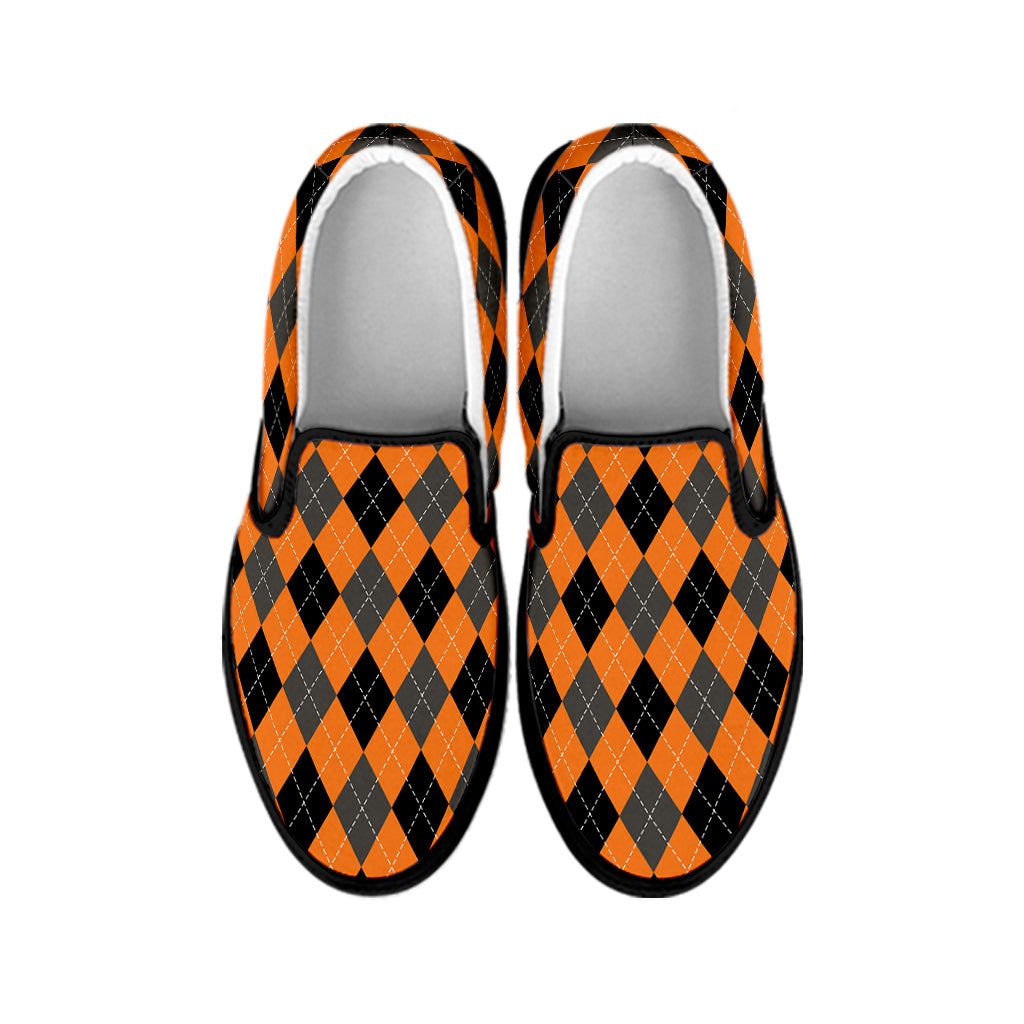 Orange Black And Grey Argyle Print Black Slip On Shoes