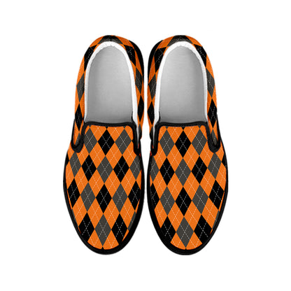 Orange Black And Grey Argyle Print Black Slip On Shoes