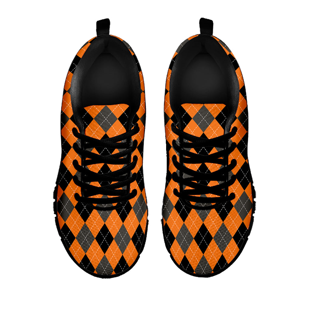 Orange Black And Grey Argyle Print Black Sneakers