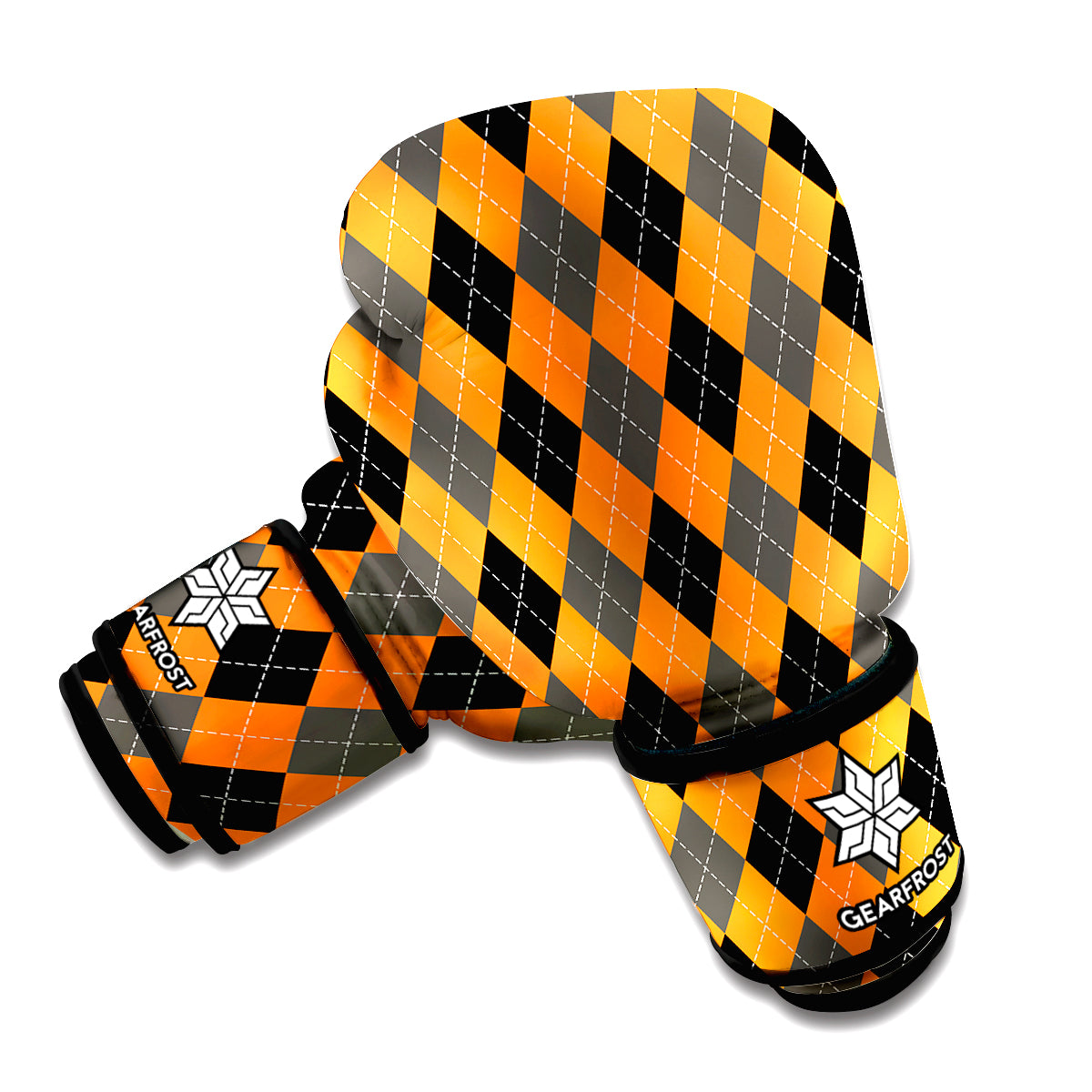 Orange Black And Grey Argyle Print Boxing Gloves