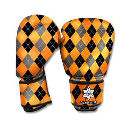 Orange Black And Grey Argyle Print Boxing Gloves