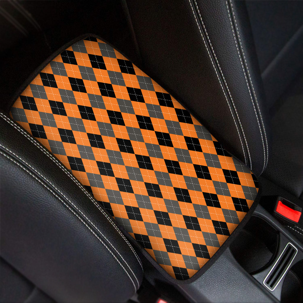 Orange Black And Grey Argyle Print Car Center Console Cover