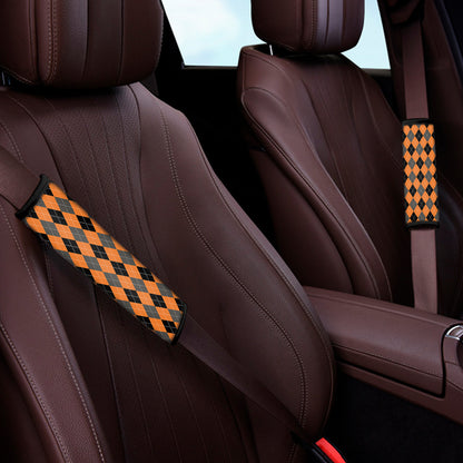 Orange Black And Grey Argyle Print Car Seat Belt Covers