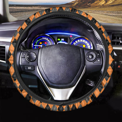 Orange Black And Grey Argyle Print Car Steering Wheel Cover