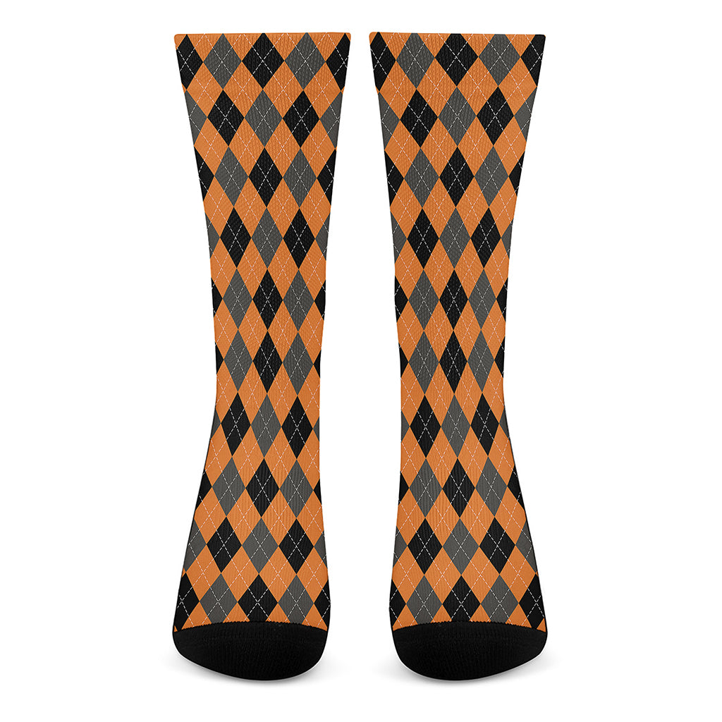 Orange Black And Grey Argyle Print Crew Socks