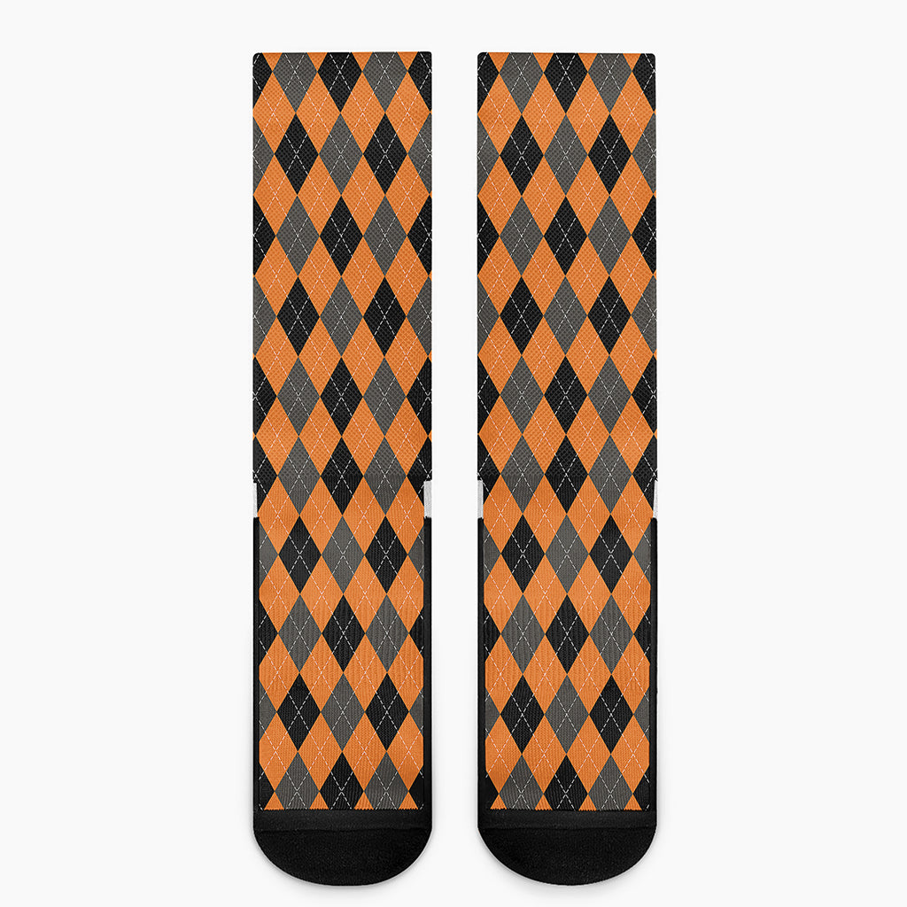 Orange Black And Grey Argyle Print Crew Socks