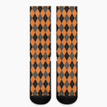 Orange Black And Grey Argyle Print Crew Socks