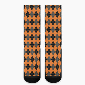 Orange Black And Grey Argyle Print Crew Socks