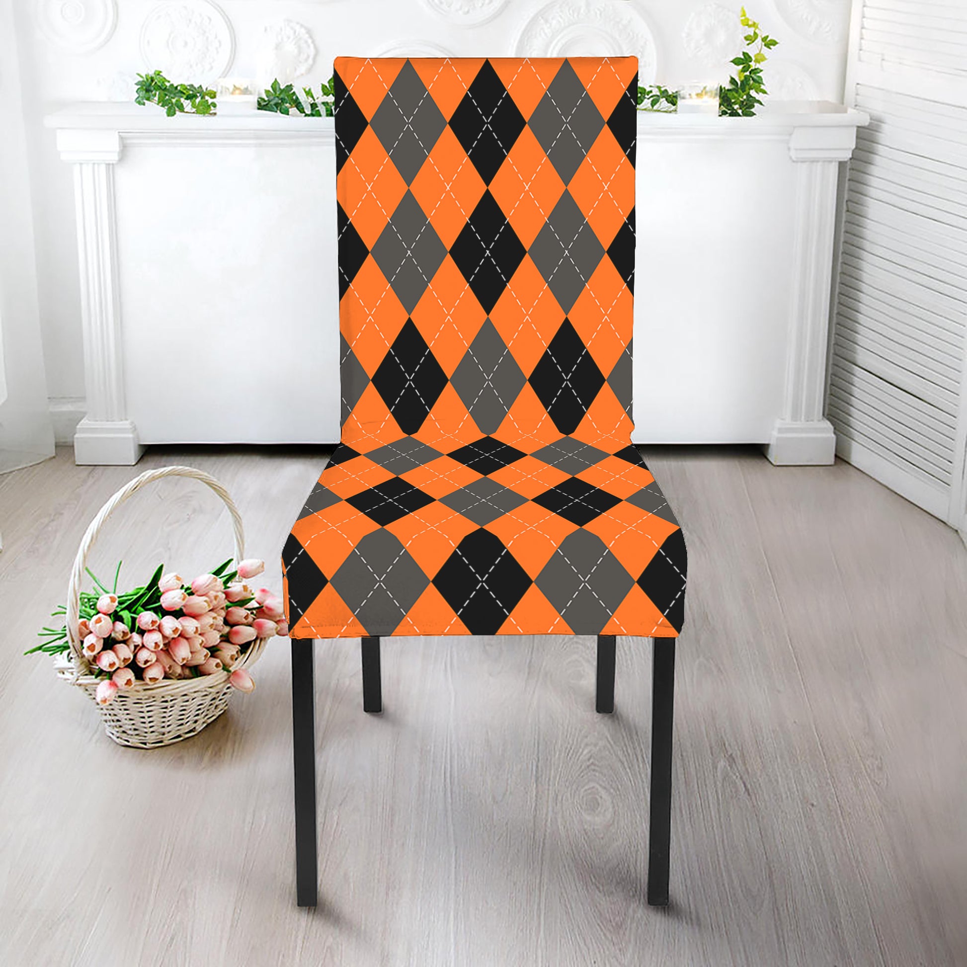 Orange Black And Grey Argyle Print Dining Chair Slipcover