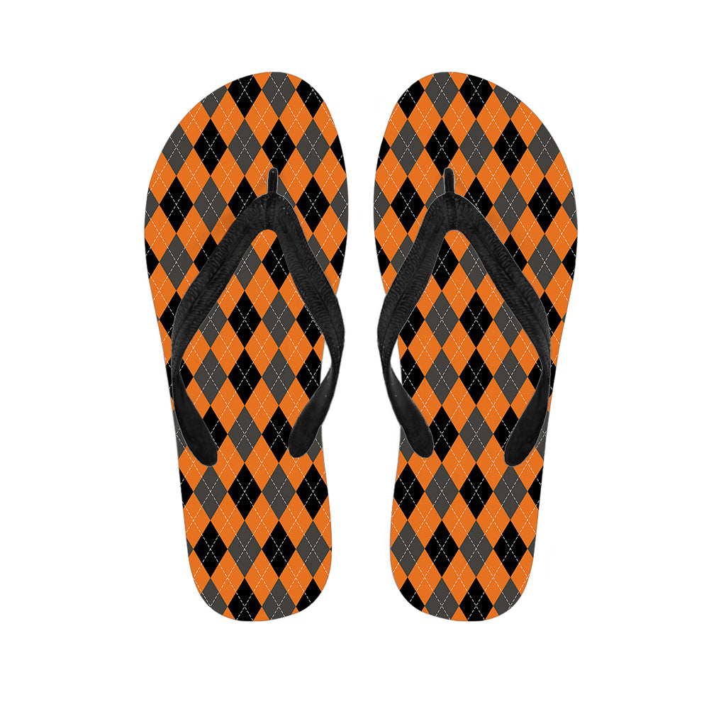 Orange Black And Grey Argyle Print Flip Flops
