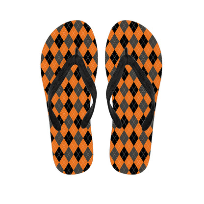 Orange Black And Grey Argyle Print Flip Flops