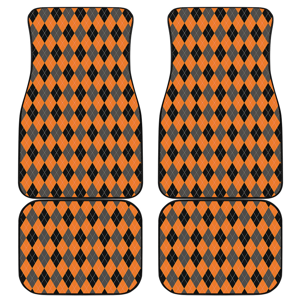 Orange Black And Grey Argyle Print Front and Back Car Floor Mats