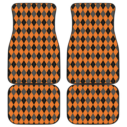 Orange Black And Grey Argyle Print Front and Back Car Floor Mats