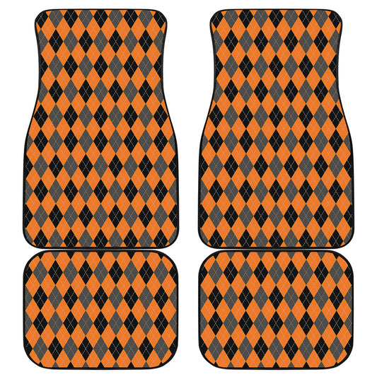 Orange Black And Grey Argyle Print Front and Back Car Floor Mats