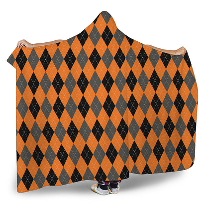 Orange Black And Grey Argyle Print Hooded Blanket
