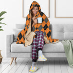 Orange Black And Grey Argyle Print Hooded Blanket