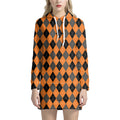 Orange Black And Grey Argyle Print Pullover Hoodie Dress