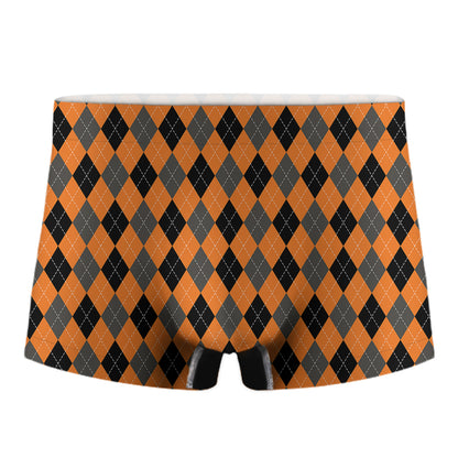 Orange Black And Grey Argyle Print Men's Boxer Briefs