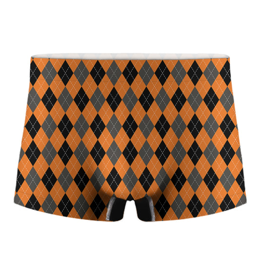 Orange Black And Grey Argyle Print Men's Boxer Briefs