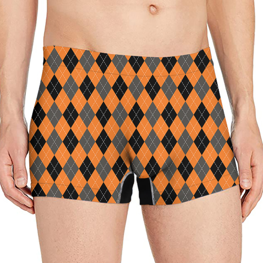 Orange Black And Grey Argyle Print Men's Boxer Briefs