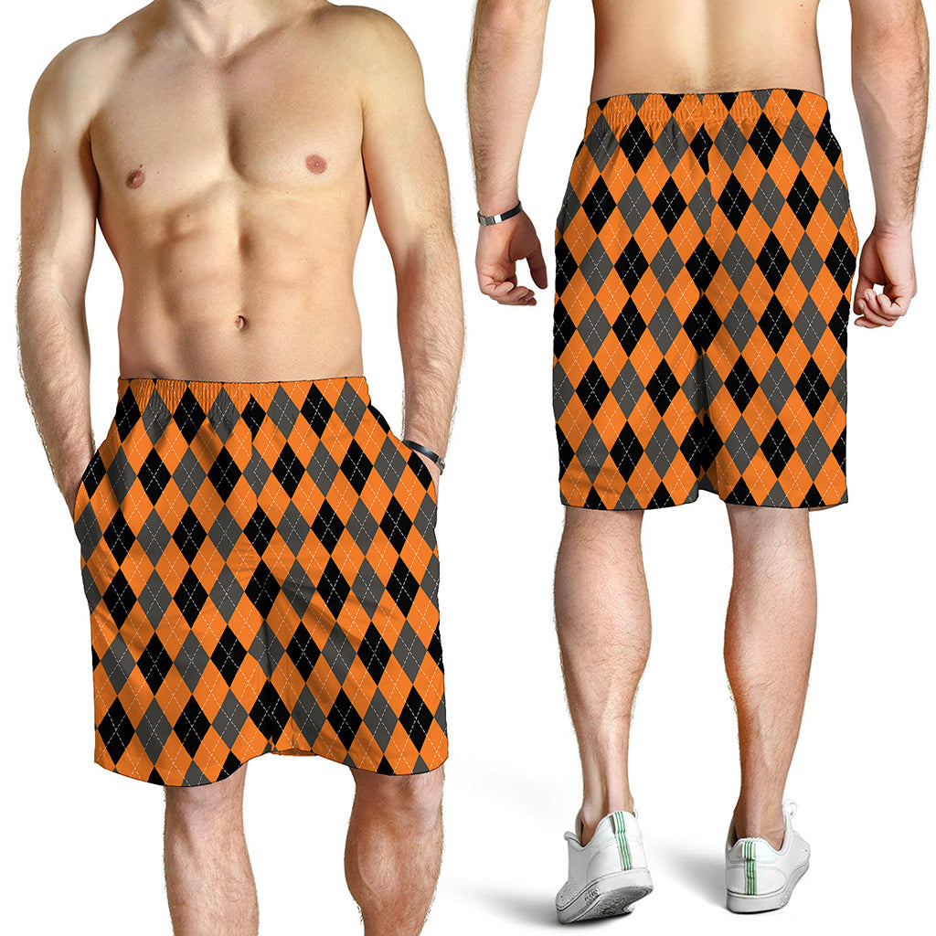 Orange Black And Grey Argyle Print Men's Shorts