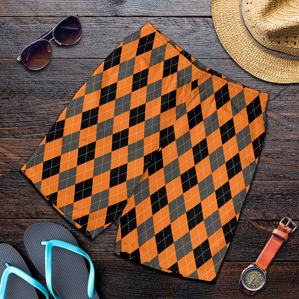 Orange Black And Grey Argyle Print Men's Shorts