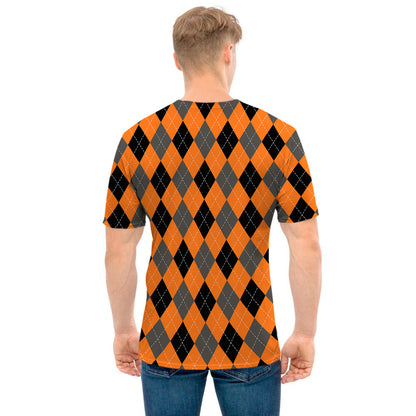 Orange Black And Grey Argyle Print Men's T-Shirt