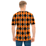 Orange Black And Grey Argyle Print Men's T-Shirt
