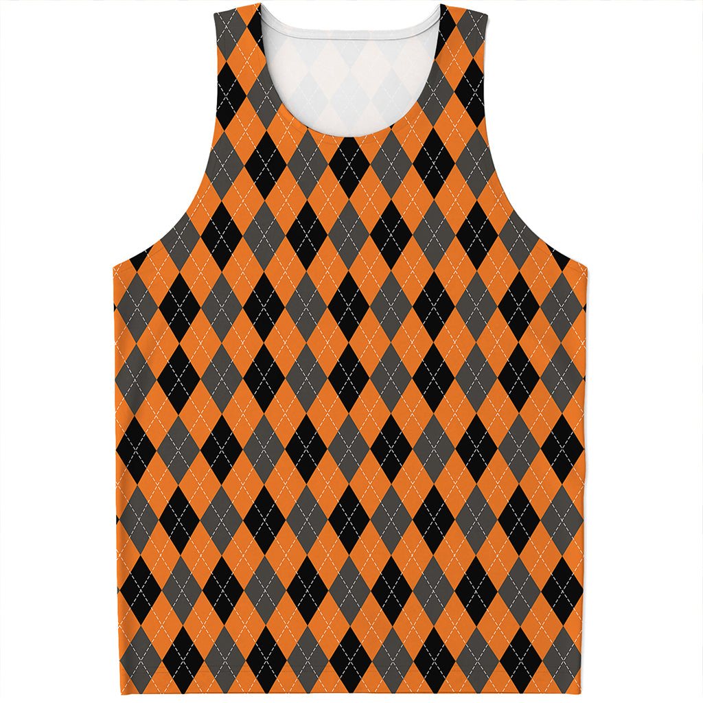 Orange Black And Grey Argyle Print Men's Tank Top