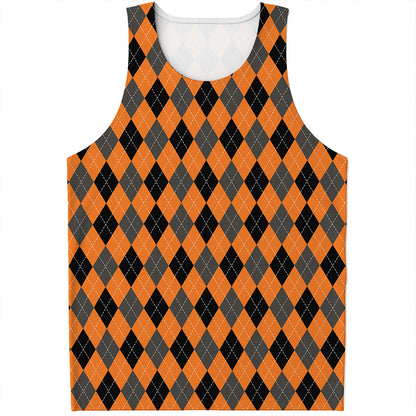 Orange Black And Grey Argyle Print Men's Tank Top