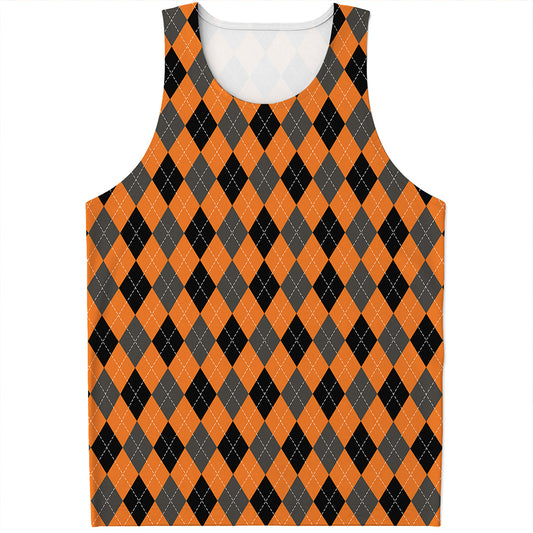 Orange Black And Grey Argyle Print Men's Tank Top