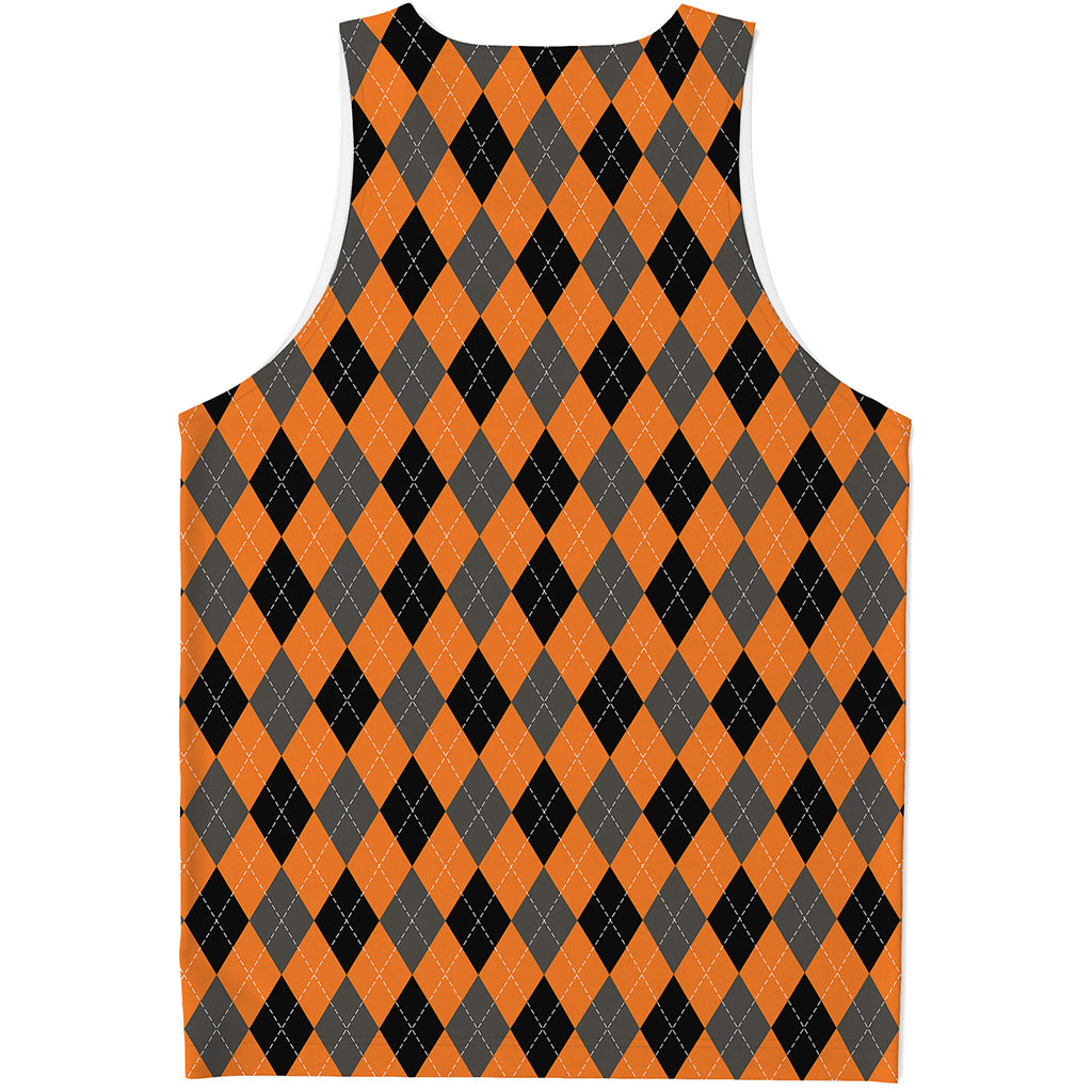 Orange Black And Grey Argyle Print Men's Tank Top