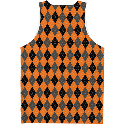 Orange Black And Grey Argyle Print Men's Tank Top