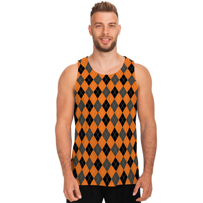 Orange Black And Grey Argyle Print Men's Tank Top