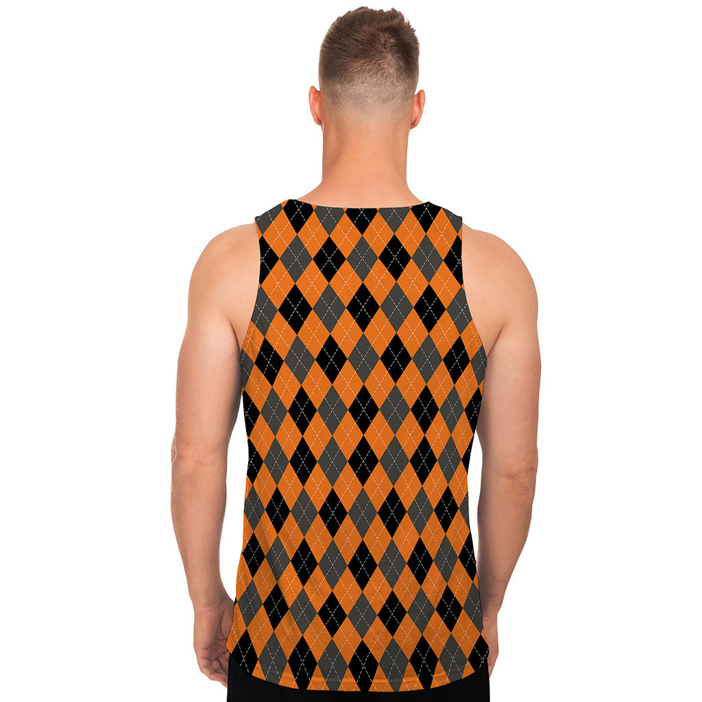 Orange Black And Grey Argyle Print Men's Tank Top