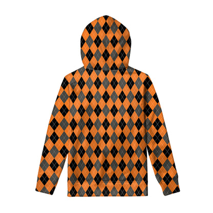 Orange Black And Grey Argyle Print Pullover Hoodie