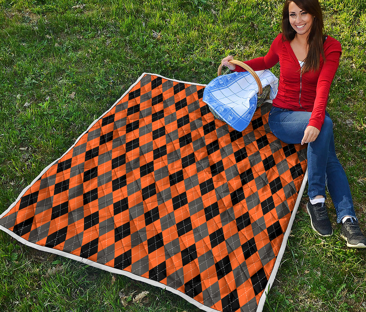 Orange Black And Grey Argyle Print Quilt