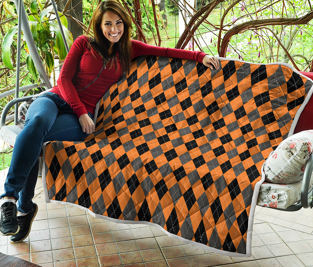 Orange Black And Grey Argyle Print Quilt