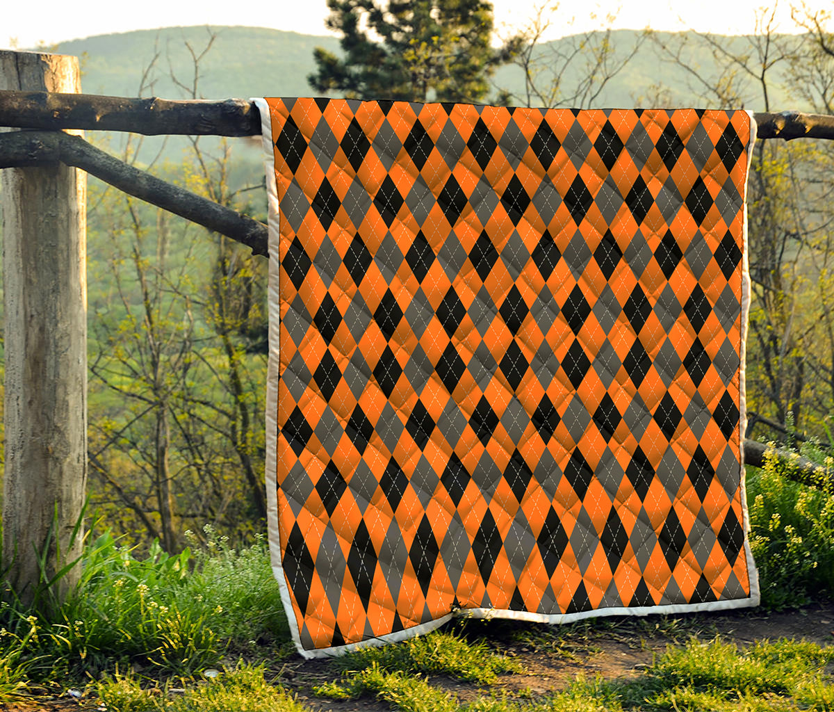 Orange Black And Grey Argyle Print Quilt